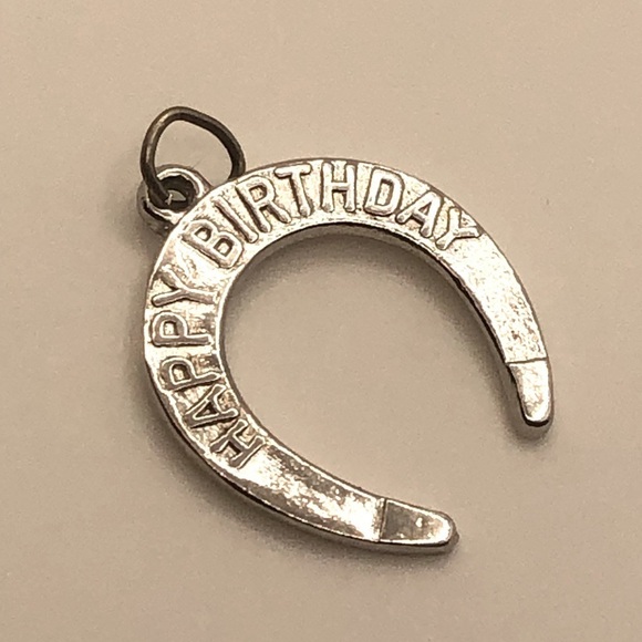 STERLING Silver Happy Birthday Lucky Horseshoe Pendant / Charm - Vintage - Picture 1 of 3